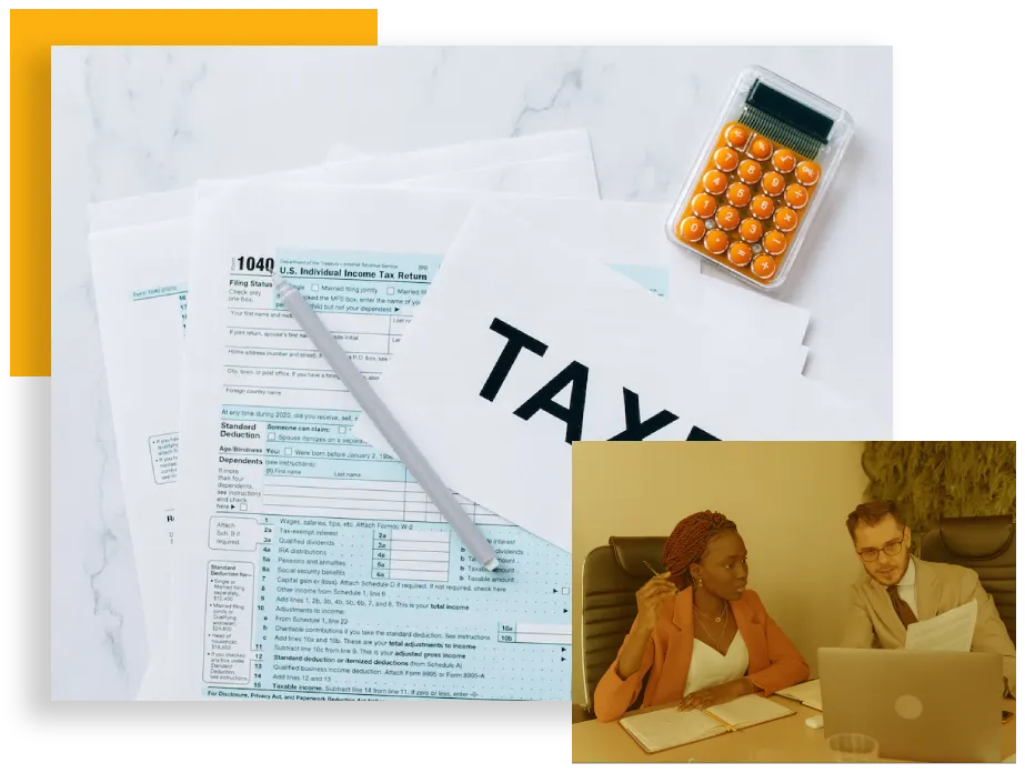 A picture of an irs tax form and a calculator.